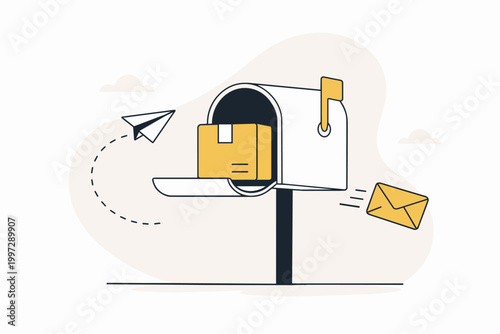 Flat Open Mailbox With Package And Envelope Online Delivery And Postal Service Illustration