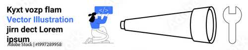 Technology, coding, data analysis, problem-solving, innovation, software development. Woman holding code on screen next to a telescope and wrench. Technology and coding concept
