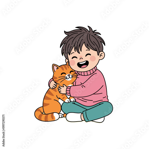 A happy cartoon boy with dark hair hugging an orange tabby cat, both smiling cheerfully.