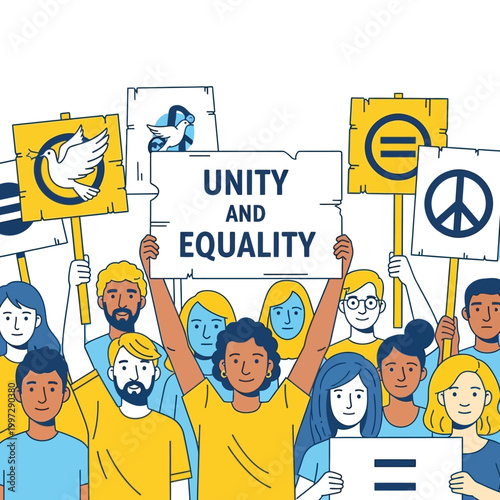 A diverse group of people holding signs advocating for unity and equality, with symbols of peace and justice.