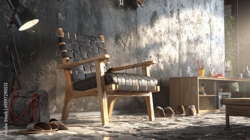 Comfortable wooden armchair with black woven leather in a sunlit interior scene