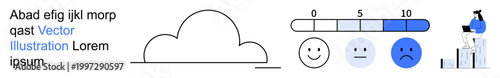 Cloud technology, user experience, feedback evaluation, data analysis, performance metrics, graphical reports. Visuals of a cloud, a feedback scale with happy faces and a graph. Cloud technology