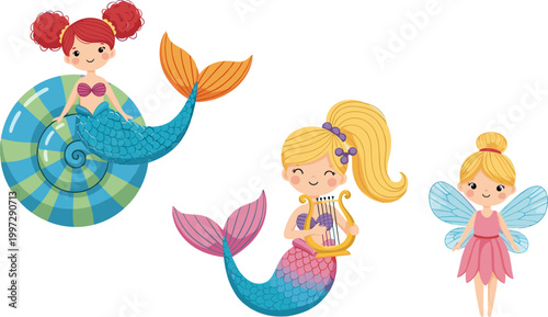 Cute Cartoon Mermaids and Fairies Set with Water, Wings, and Colorful Tails for Kids' Illustrations, Fantasy, and Magical Designs