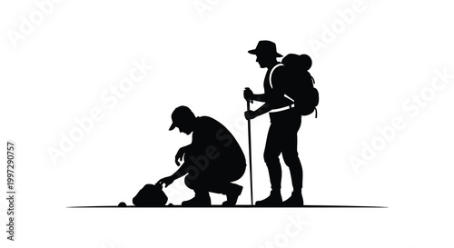 Two hikers pausing on a trail one tending to an injury silhouette