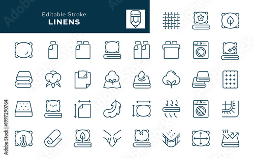 Linens. Set of outline icons. Pillowcase, duvet cover, sheet, single and double bed linen set, pillow, mattress, blanket and more.Line icon in linear style. Vector collection	