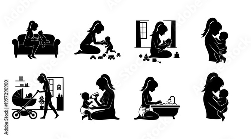 Motherhood Silhouette Collection: Diverse Domestic Scenes with Baby, Feeding, Playing, Bathing, and Strolling