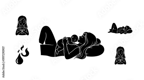 Mother holding baby gently, bonding moment, peaceful motherhood, silhouette style, calm lifestyle