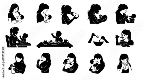 Set of Silhouette Illustrations: Mother Feeding Baby Various Stages - Breastfeeding, Bottle, Solids, Mealtime