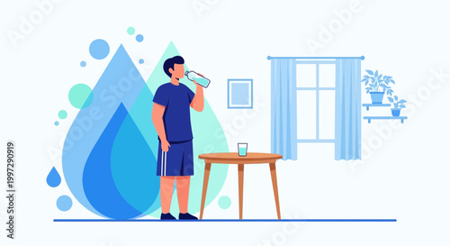 Man drinking water from bottle, staying hydrated, healthy lifestyle, indoors, water drops illustration