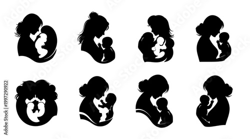 Mother and Newborn Baby Silhouette Collection: Tender Embrace and Family Love