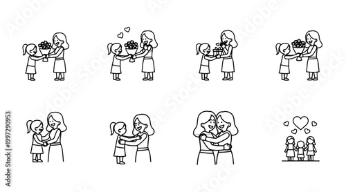Daughter Gifts Flowers and Hugs to Mother in Sweet Line Art Illustrations