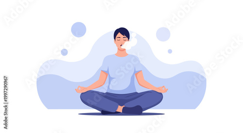 Man meditating in lotus pose, deep breathing, calm, relaxation, healthy lifestyle, stress relief