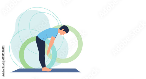 Man practicing yoga, forward fold pose on mat, mindful exercise, healthy lifestyle