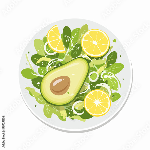 Grüner Salat mit Avocado, Sprossen und Zitronendressing