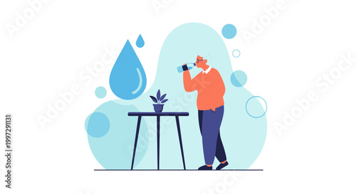 Man watering a small plant with a large water drop illustration