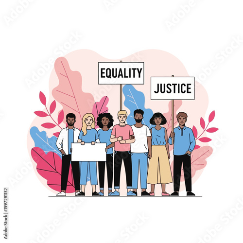 A diverse group of people holding signs advocating for equality and justice.
