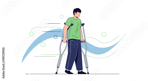Man with crutches walking, recovery, injury, rehabilitation, physical therapy, support