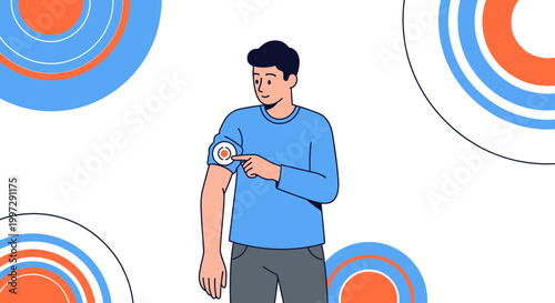 Man with rash on arm, pointing to skin irritation, medical checkup concept