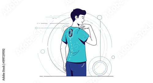 Man with smart wearable device on back, health monitoring, futuristic technology