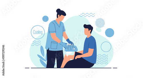 Physical therapist applying cold pack to patient's knee for injury recovery and pain relief