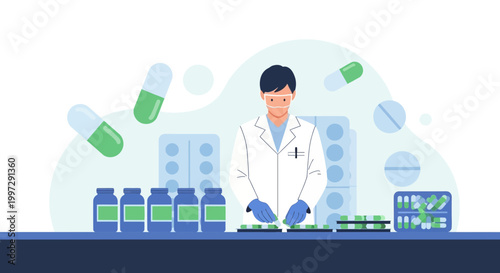 Pharmacist working with pills and capsules in a modern laboratory, pharmaceutical production