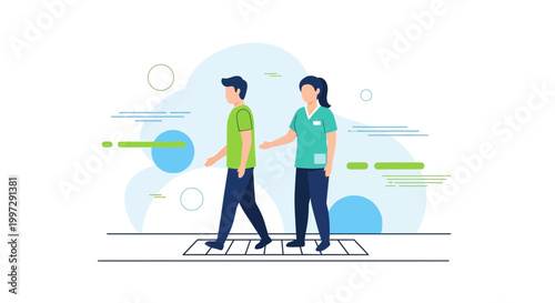 Physical therapist assisting patient walking on crosswalk, rehabilitation, healthcare, recovery