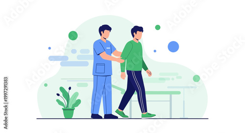 Physical therapist assisting patient walking, rehabilitation, recovery, medical care, healthcare