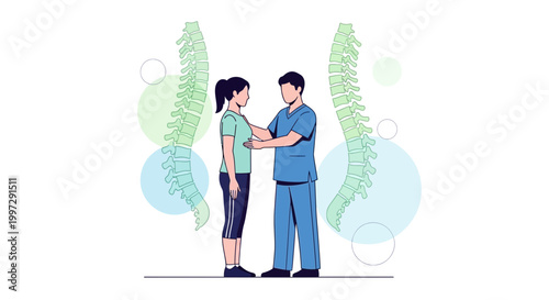 Physical therapist examining patient's posture and spine health, medical checkup