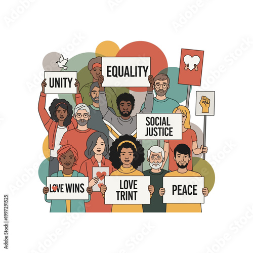 A diverse group of people holding signs advocating for unity, equality, social justice, love wins, love triumphs, and peace.