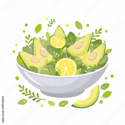 Grüner Salat mit Avocado, Sprossen und Zitronendressing