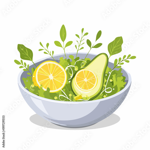 Grüner Salat mit Avocado, Sprossen und Zitronendressing