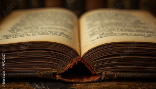 There is an open book sitting on top of a wooden table