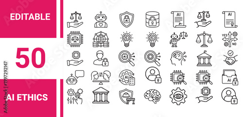 AI ethics icon set.AI Ethics-related 36-line icons set. Vector editable stroke.