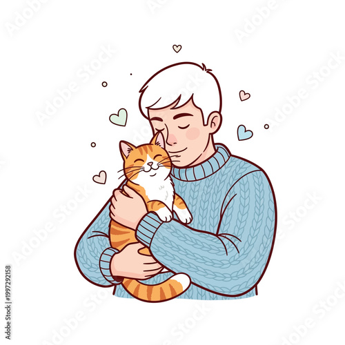 A heartwarming illustration of a happy man in a blue sweater gently hugging his beloved orange and white cat, surrounded by floating hearts.