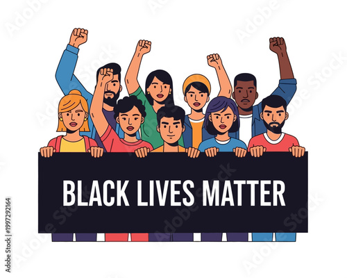Diverse group of people holding a Black Lives Matter banner with raised fists, symbolizing protest, solidarity, and social justice.