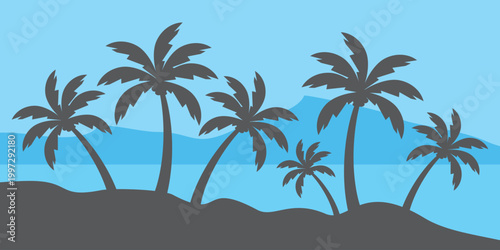silhouette of coconut tree in flat style. illustration of palm tree in flat style. summer background. summer theme scenery	