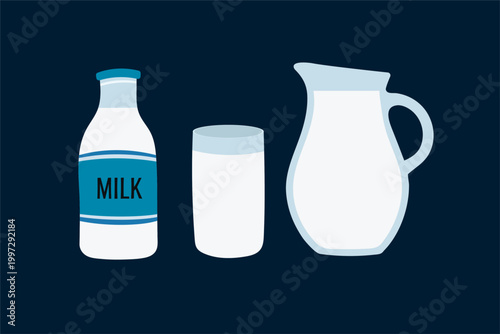 
A bottle of fresh milk, a glass carafe of milk, and a glass of milk on a blue background.
Vector illustration.