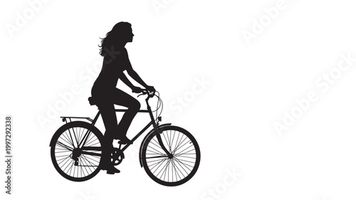 Bicycle silhouette rider on a bike with spoked wheels and flowing hair against a plain white background