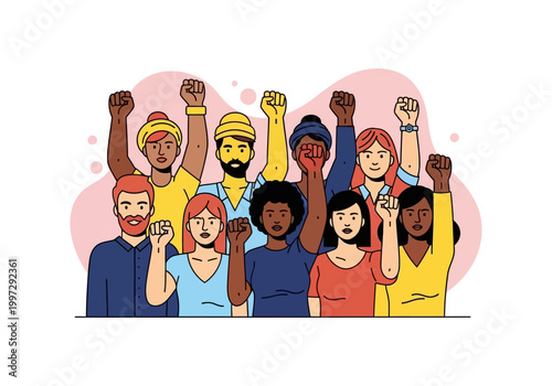 A diverse group of people raising their fists in a gesture of unity and protest.