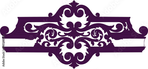 Scrollwork ornament displays elaborate dark purple flourishes centered in a horizontal graphic composition.