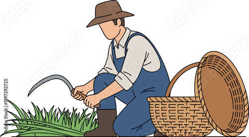 Flat Vector Illustration Of A Male Farmer Harvesting Green Grass With A Sickle Tool And Wicker Basket For Agriculture Design,