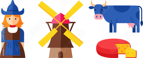 Dutch Culture Illustration Set Featuring Traditional Woman, Windmill, Cow, and Cheese Icons Representing Netherlands Heritage, Farming, and Rural European Lifestyle
