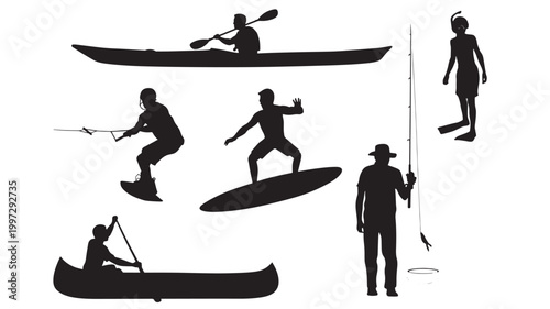 Snowboard silhouettes set with riders, action poses, and winter activity icon for athletic advertising and posters