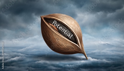A stylized seed opening to reveal the word 
