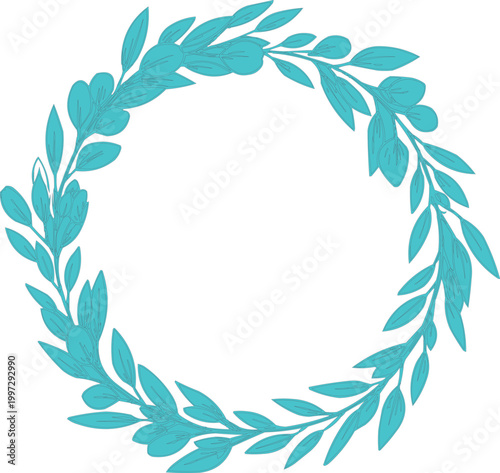 Wreath of turquoise leaves forms a circular organic frame that provides a natural aesthetic for botanical invitations or announcements.