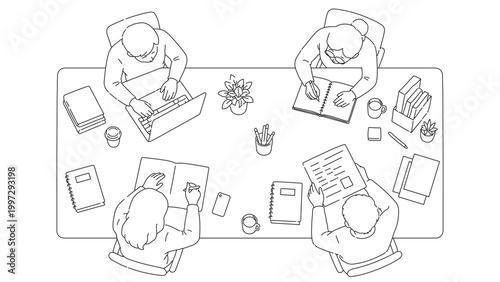 Top view line illustration of people working at desk with laptop, writing notes and analyzing documents, modern workspace and productivity concept in clean minimal outline style
