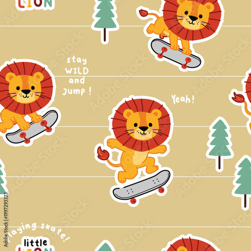 Cute Cartoon Lion Skateboard Seamless Pattern