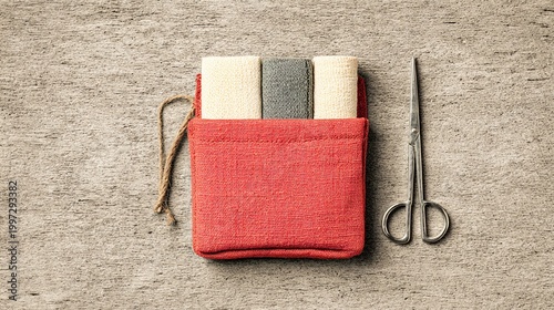 Compact first aid provisions, including bandages and scissors, are displayed alongside a textured red pouch on a rustic wooden surface, emphasizing healthcare.