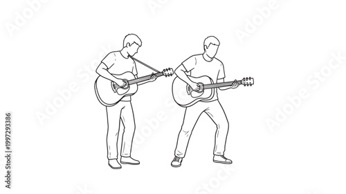 Quadro su tela Guitarists line art illustration showing two musicians playing acoustic guitars