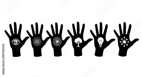 Hands set with various symbolic palm tattoos including eye, flower, tree, light bulb, and mandala designs